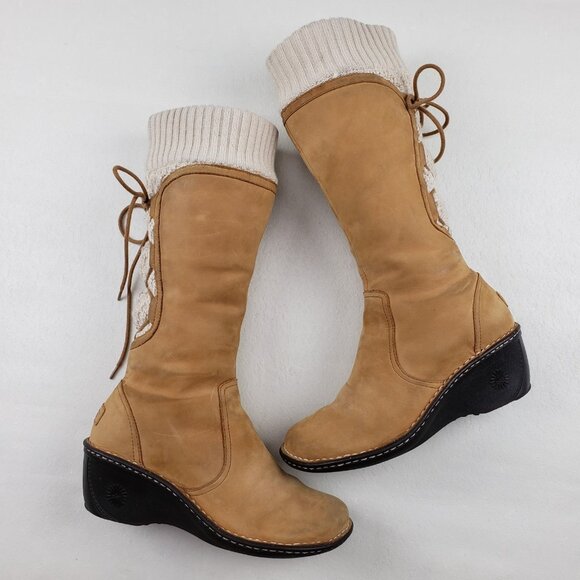 Ugg Skylair Knit Wedge Tall Boot Womens 9 Brown Leather Lace Up Side Zip Lined - Picture 2 of 16